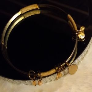 Antique Gold Bangle Bracelet w/ beads, Leaf, & Oval Dangling Pendants